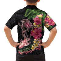 Hawaiian Tropical Plants Turtle and Shark Family Matching Off Shoulder Short Dress and Hawaiian Shirt Polynesian Art Tattoo