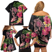 Hawaiian Tropical Plants Turtle and Shark Family Matching Off Shoulder Short Dress and Hawaiian Shirt Polynesian Art Tattoo
