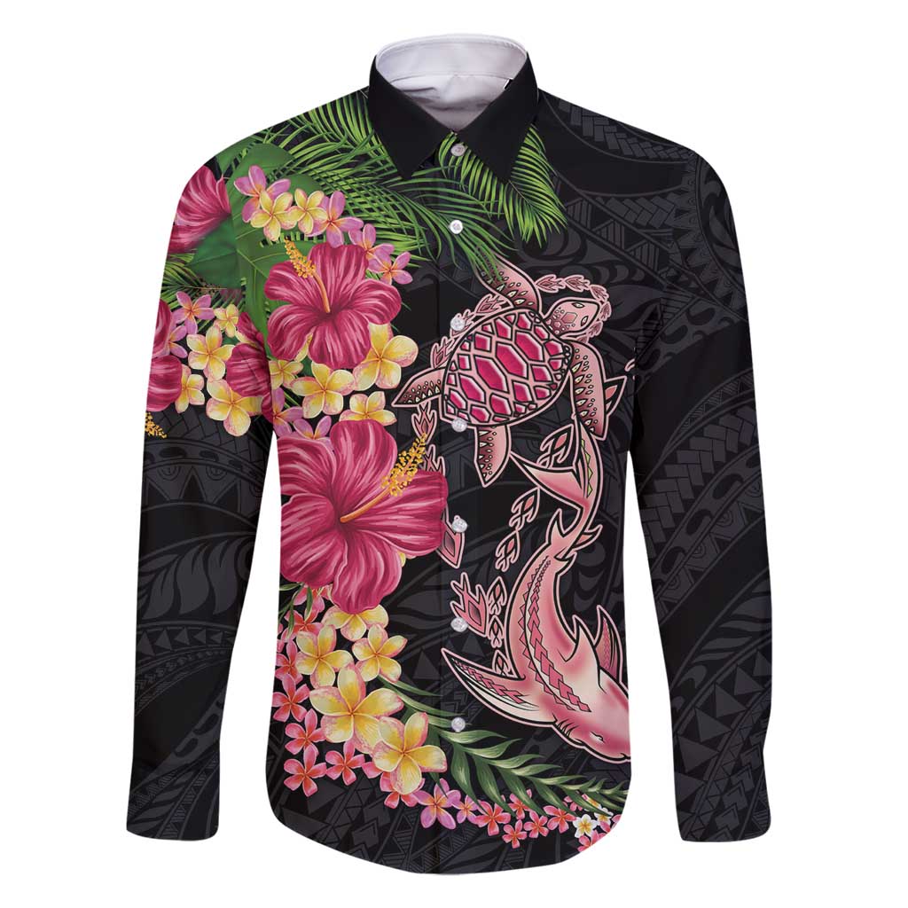 Hawaiian Tropical Plants Turtle and Shark Family Matching Off Shoulder Short Dress and Hawaiian Shirt Polynesian Art Tattoo