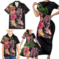 Hawaiian Tropical Plants Turtle and Shark Family Matching Short Sleeve Bodycon Dress and Hawaiian Shirt Polynesian Art Tattoo