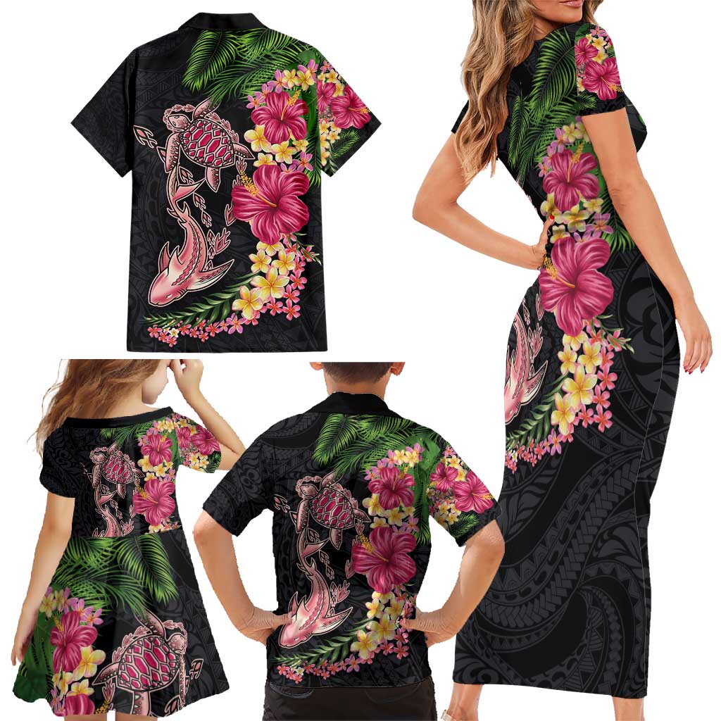 Hawaiian Tropical Plants Turtle and Shark Family Matching Short Sleeve Bodycon Dress and Hawaiian Shirt Polynesian Art Tattoo