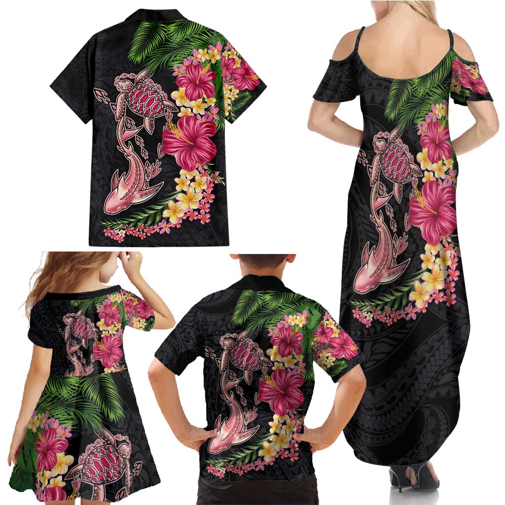 Hawaiian Tropical Plants Turtle and Shark Family Matching Summer Maxi Dress and Hawaiian Shirt Polynesian Art Tattoo