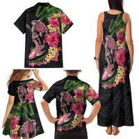 Hawaiian Tropical Plants Turtle and Shark Family Matching Tank Maxi Dress and Hawaiian Shirt Polynesian Art Tattoo