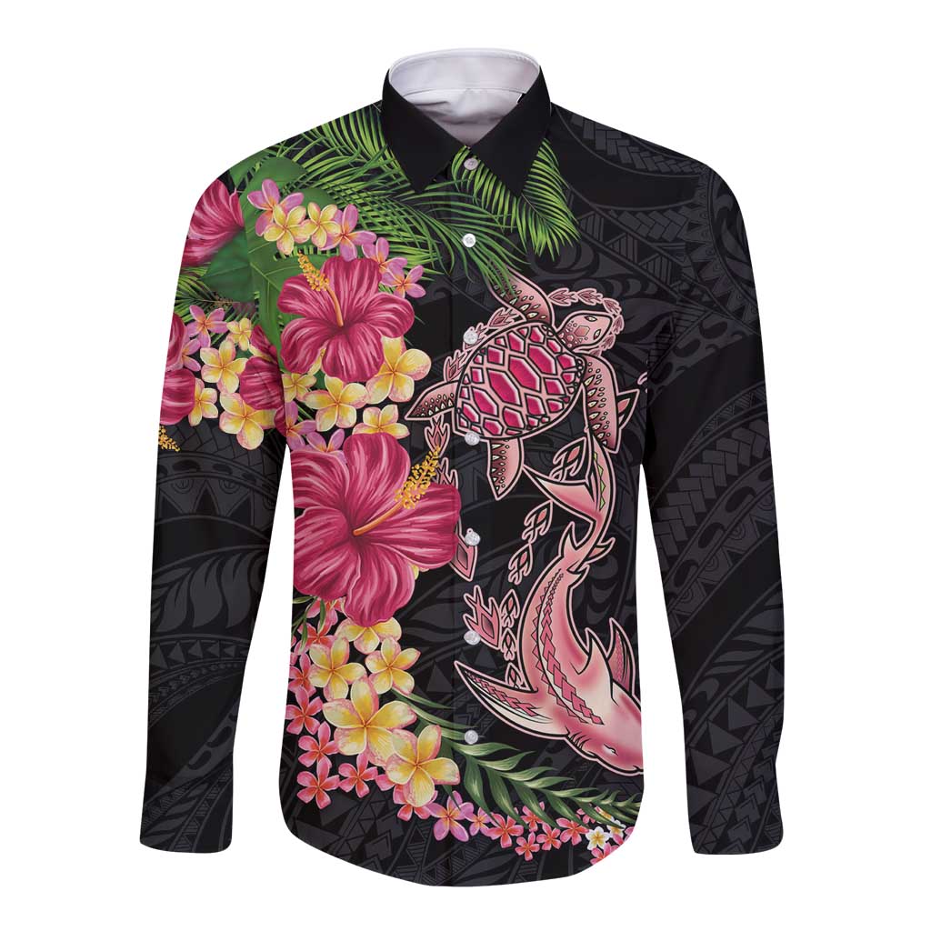 Hawaiian Tropical Plants Turtle and Shark Long Sleeve Button Shirt Polynesian Art Tattoo