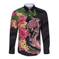 Hawaiian Tropical Plants Turtle and Shark Long Sleeve Button Shirt Polynesian Art Tattoo
