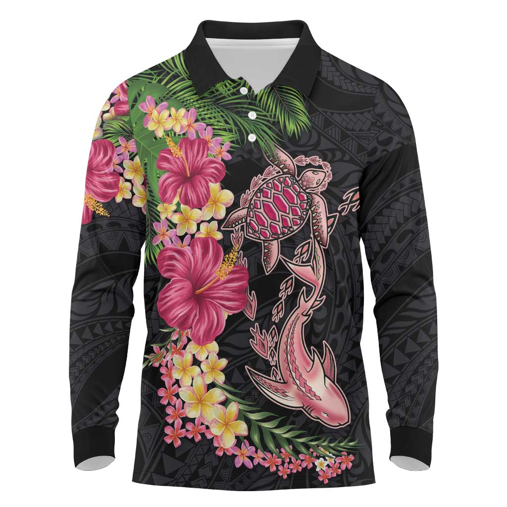 Hawaiian Tropical Plants Turtle and Shark Long Sleeve Polo Shirt Polynesian Art Tattoo