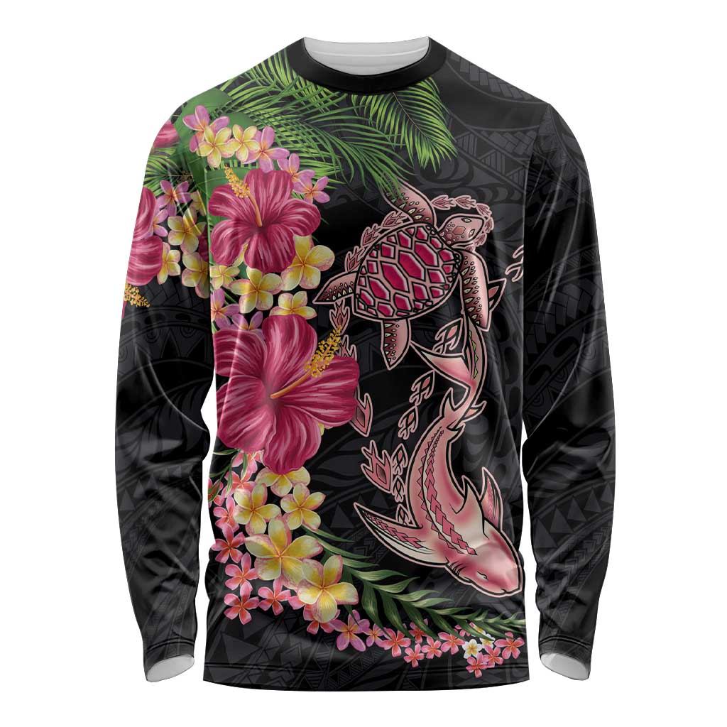 Hawaiian Tropical Plants Turtle and Shark Long Sleeve Shirt Polynesian Art Tattoo