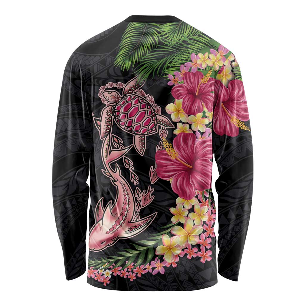 Hawaiian Tropical Plants Turtle and Shark Long Sleeve Shirt Polynesian Art Tattoo