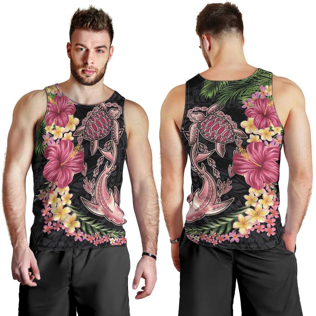 Hawaiian Tropical Plants Turtle and Shark Men Tank Top Polynesian Art Tattoo