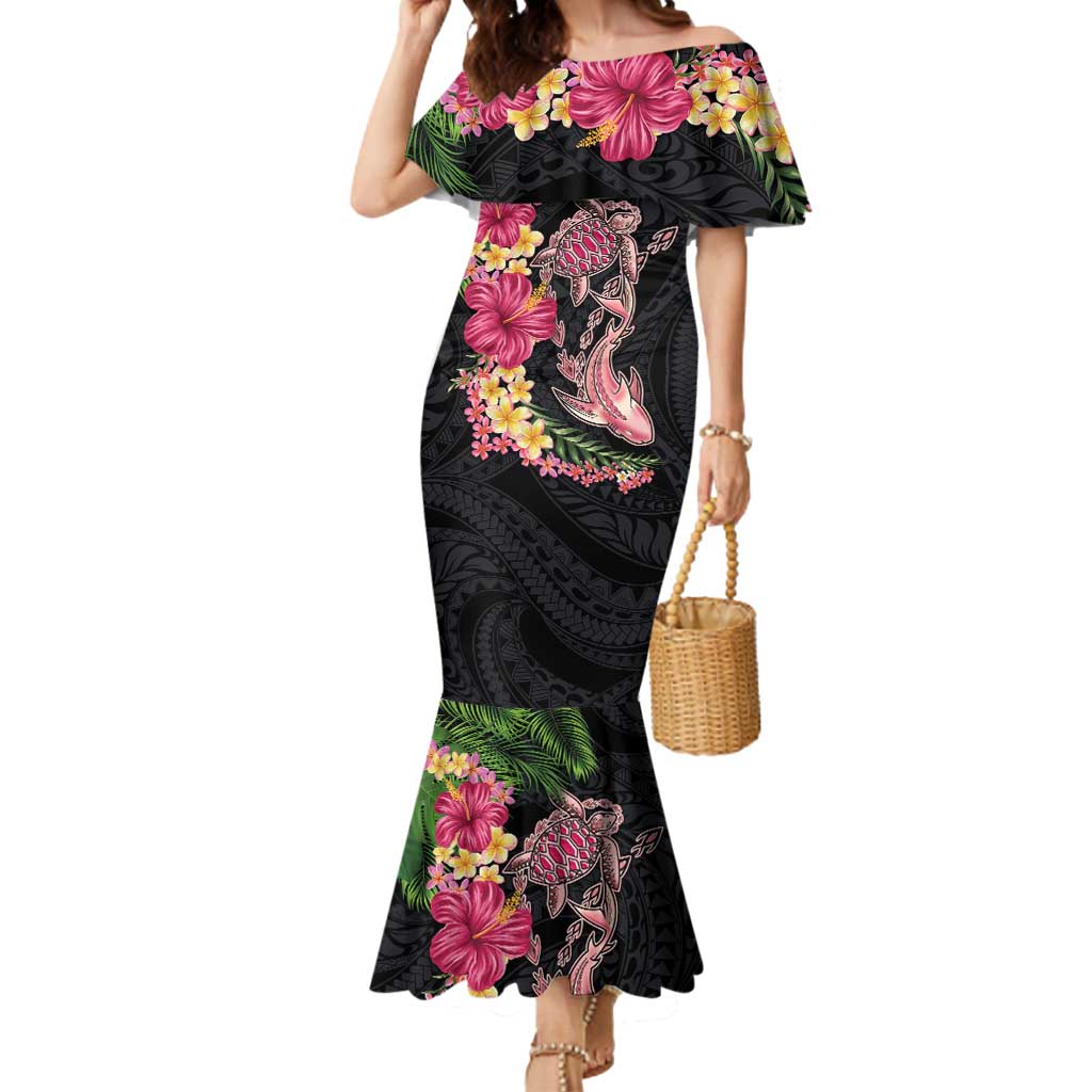 Hawaiian Tropical Plants Turtle and Shark Mermaid Dress Polynesian Art Tattoo