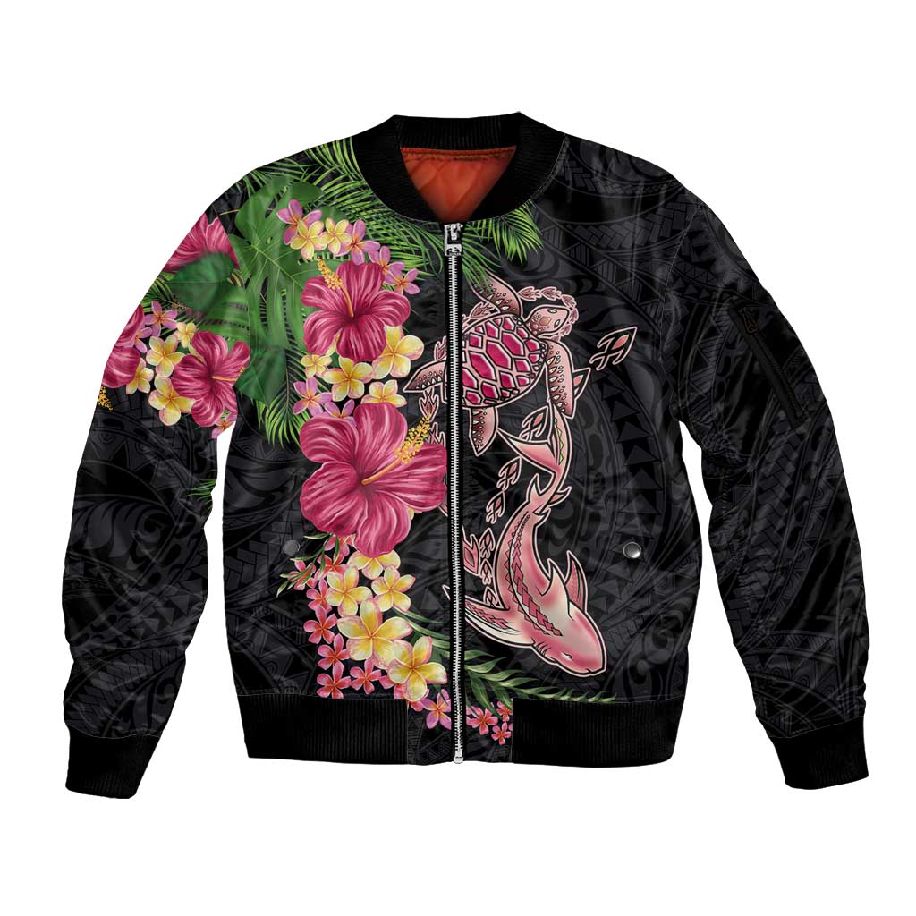 Hawaiian Tropical Plants Turtle and Shark Sleeve Zip Bomber Jacket Polynesian Art Tattoo
