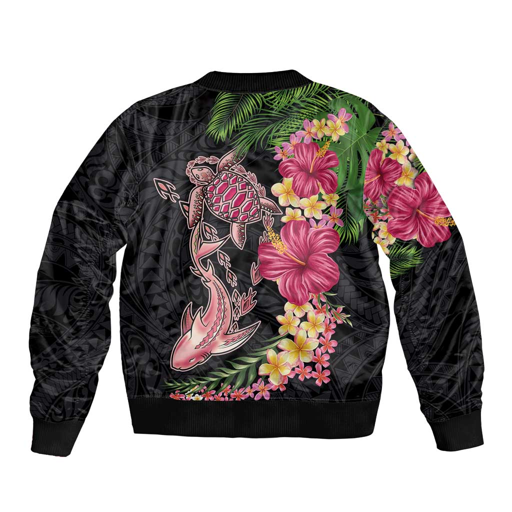 Hawaiian Tropical Plants Turtle and Shark Sleeve Zip Bomber Jacket Polynesian Art Tattoo