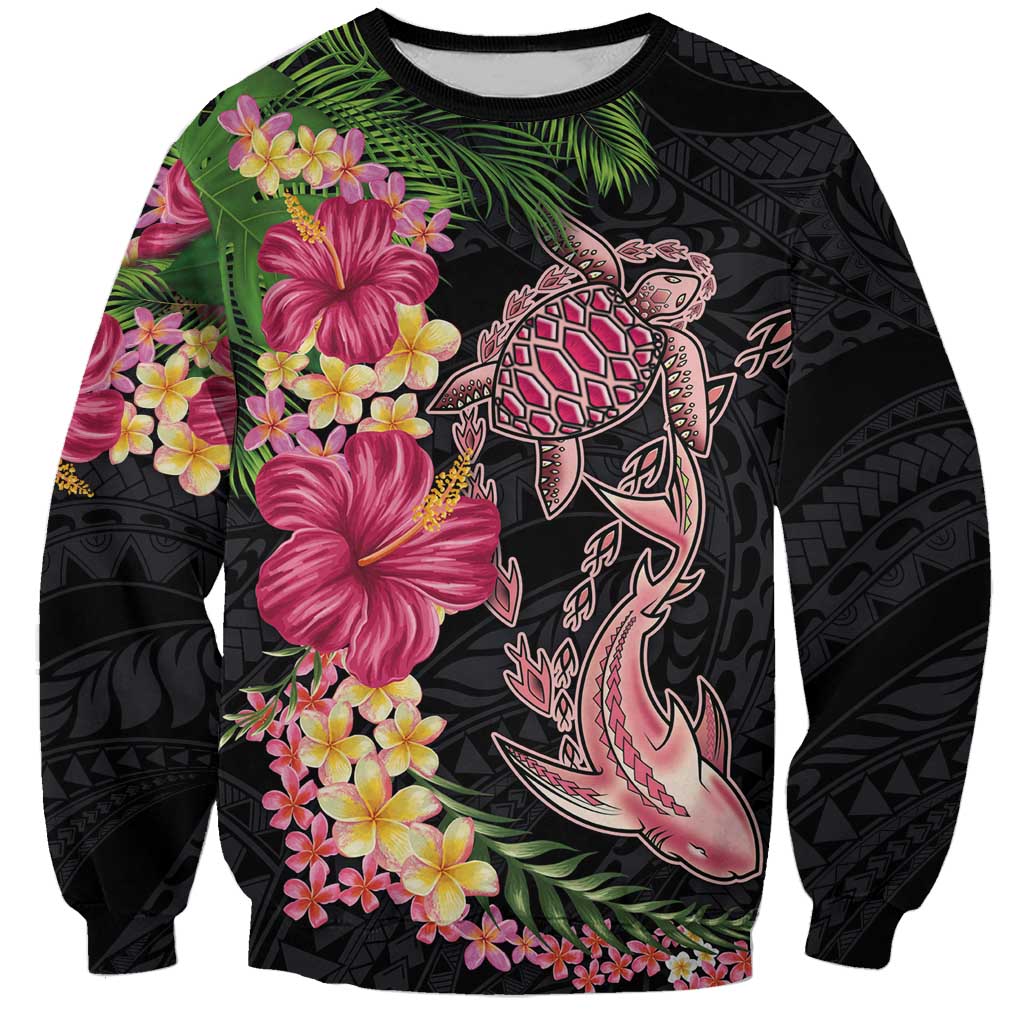 Hawaiian Tropical Plants Turtle and Shark Sweatshirt Polynesian Art Tattoo