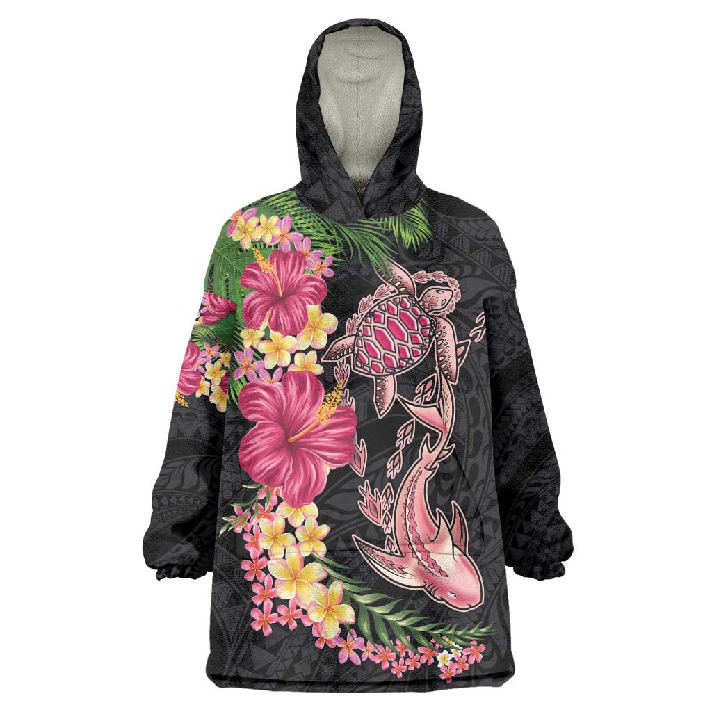Hawaiian Tropical Plants Turtle and Shark Wearable Blanket Hoodie Polynesian Art Tattoo