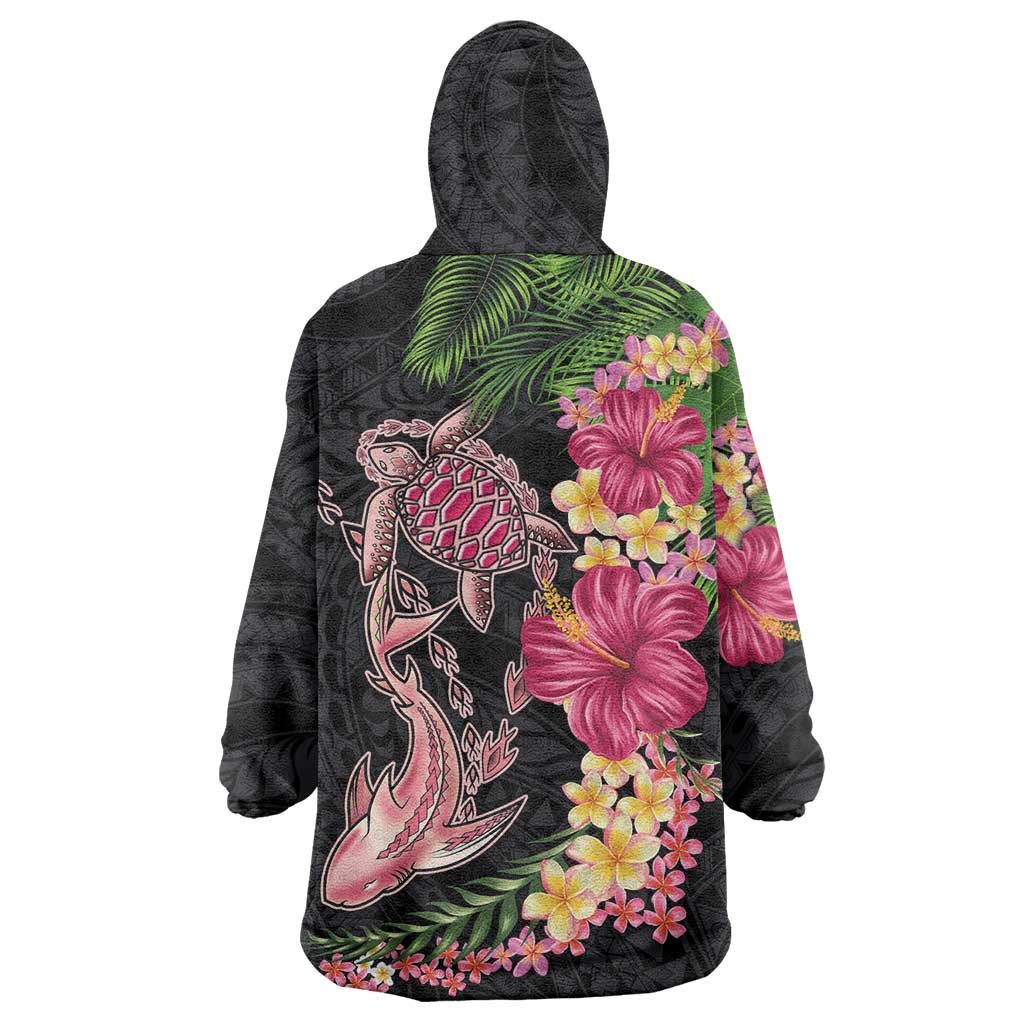 Hawaiian Tropical Plants Turtle and Shark Wearable Blanket Hoodie Polynesian Art Tattoo