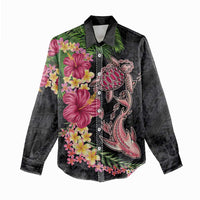 Hawaiian Tropical Plants Turtle and Shark Women Casual Shirt Polynesian Art Tattoo
