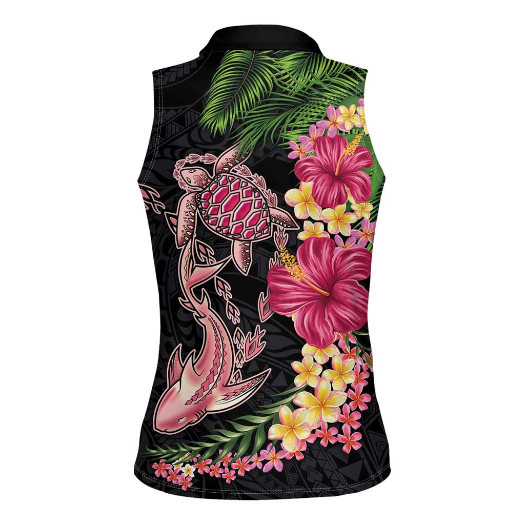 Hawaiian Tropical Plants Turtle and Shark Women Sleeveless Polo Shirt Polynesian Art Tattoo