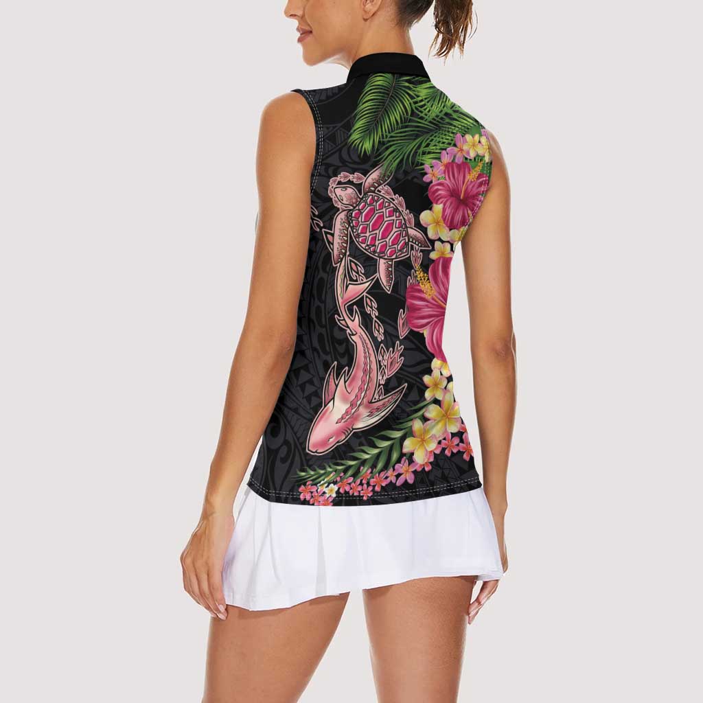 Hawaiian Tropical Plants Turtle and Shark Women Sleeveless Polo Shirt Polynesian Art Tattoo