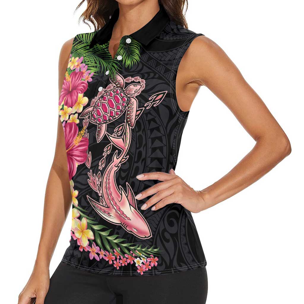 Hawaiian Tropical Plants Turtle and Shark Women Sleeveless Polo Shirt Polynesian Art Tattoo