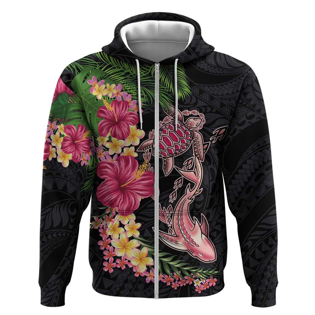 Hawaiian Tropical Plants Turtle and Shark Zip Hoodie Polynesian Art Tattoo LT03 Zip Hoodie Black - Polynesian Pride