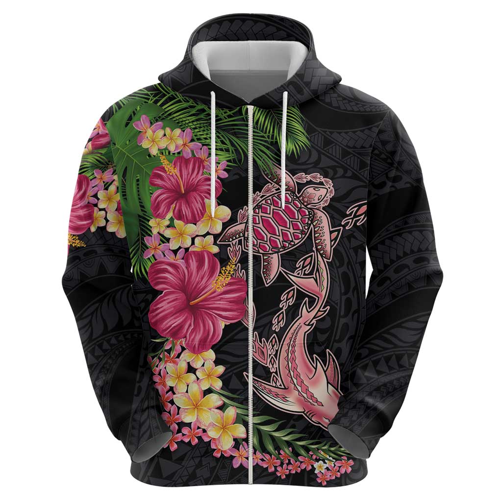 Hawaiian Tropical Plants Turtle and Shark Zip Hoodie Polynesian Art Tattoo LT03 - Polynesian Pride