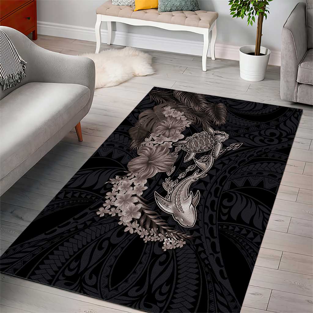 Hawaiian Tropical Plants Turtle and Shark Area Rug Polynesian Art Tattoo Grayscale Color
