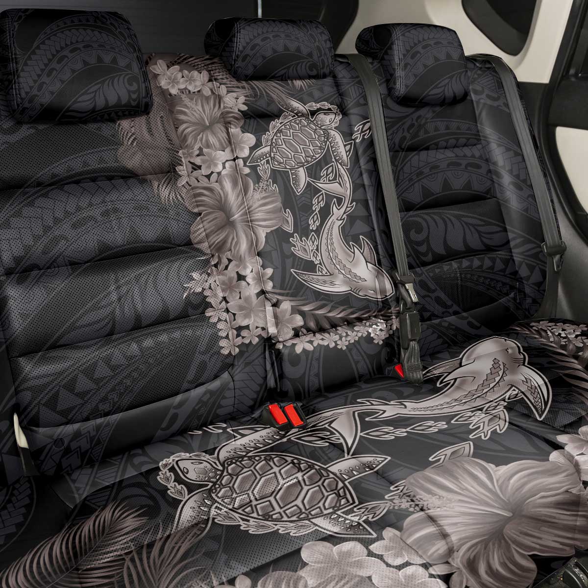 Hawaiian Tropical Plants Turtle and Shark Back Car Seat Cover Polynesian Art Tattoo Grayscale Color