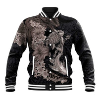Hawaiian Tropical Plants Turtle and Shark Baseball Jacket Polynesian Art Tattoo Grayscale Color