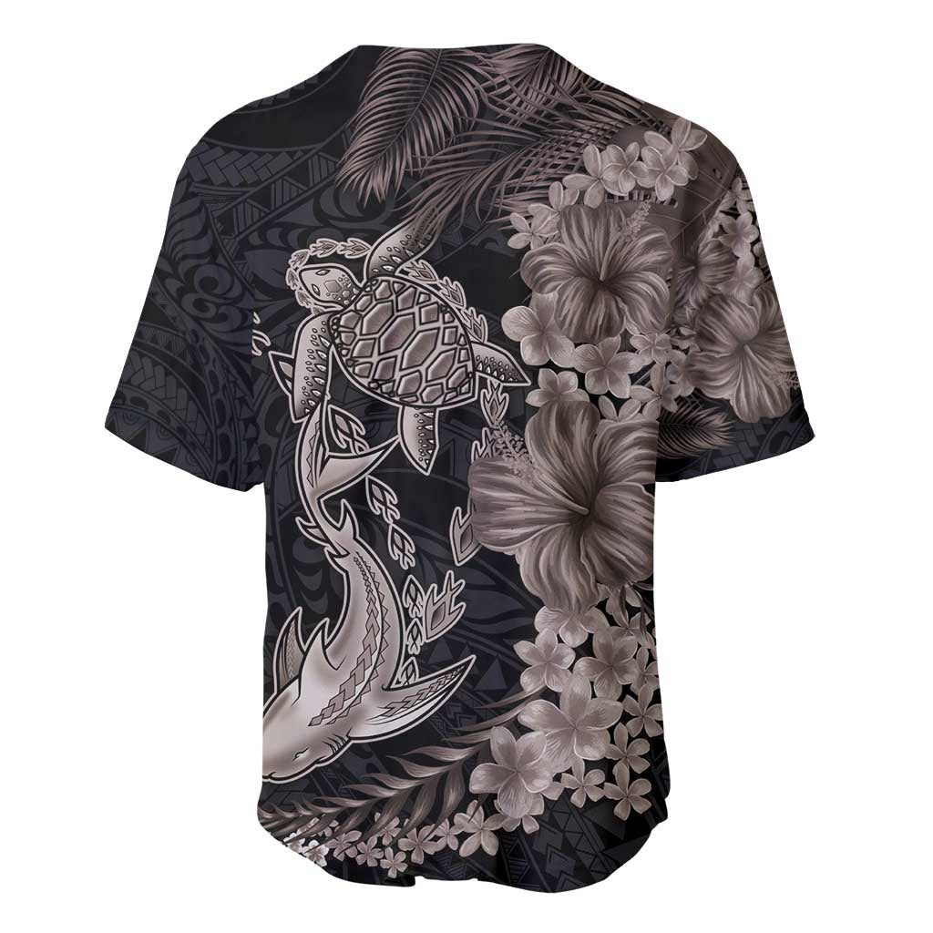 Hawaiian Tropical Plants Turtle and Shark Baseball Jersey Polynesian Art Tattoo Grayscale Color