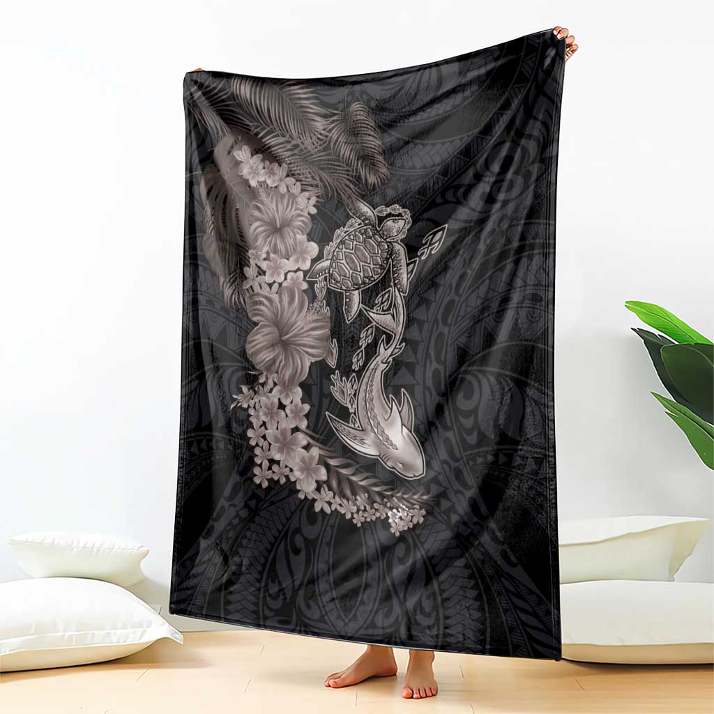 Hawaiian Tropical Plants Turtle and Shark Blanket Polynesian Art Tattoo Grayscale Color