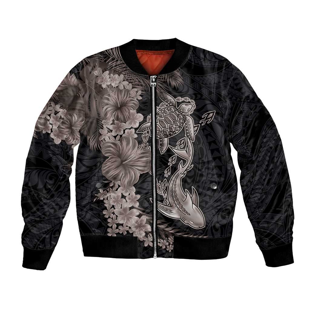 Hawaiian Tropical Plants Turtle and Shark Bomber Jacket Polynesian Art Tattoo Grayscale Color