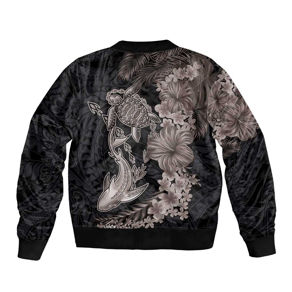 Hawaiian Tropical Plants Turtle and Shark Bomber Jacket Polynesian Art Tattoo Grayscale Color