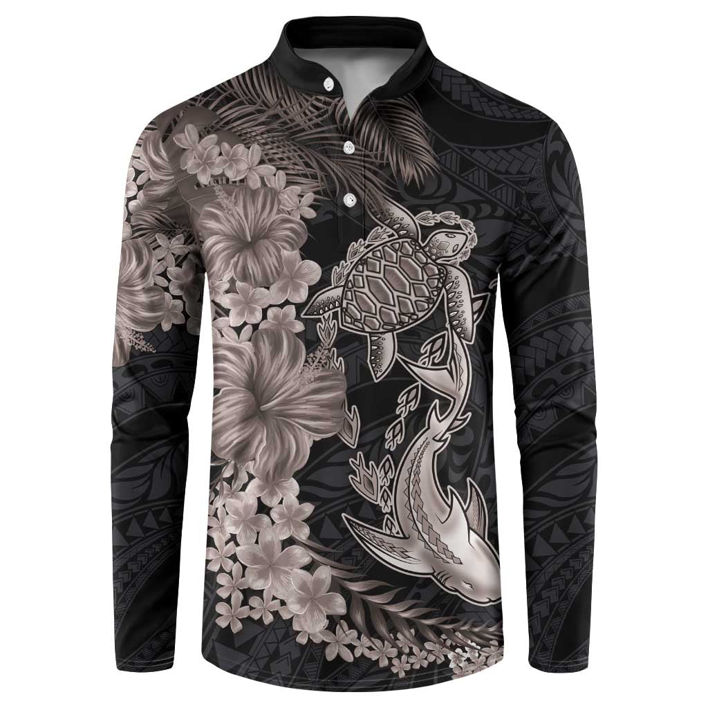 Hawaiian Tropical Plants Turtle and Shark Button Sweatshirt Polynesian Art Tattoo Grayscale Color