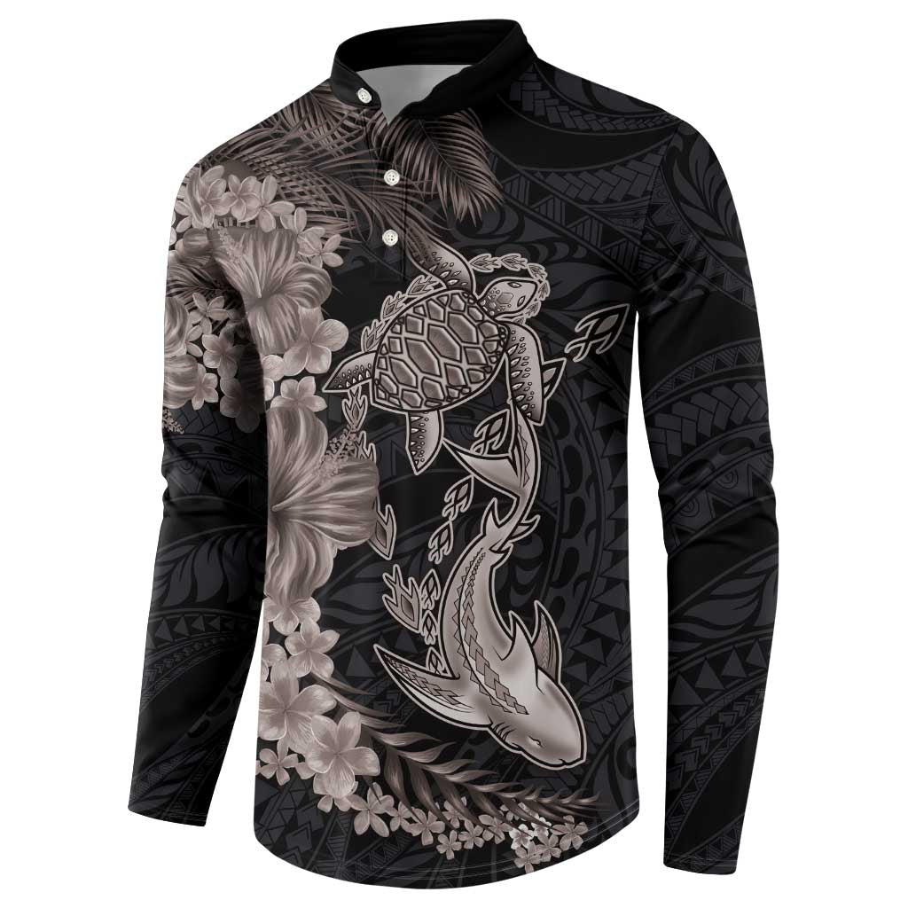 Hawaiian Tropical Plants Turtle and Shark Button Sweatshirt Polynesian Art Tattoo Grayscale Color