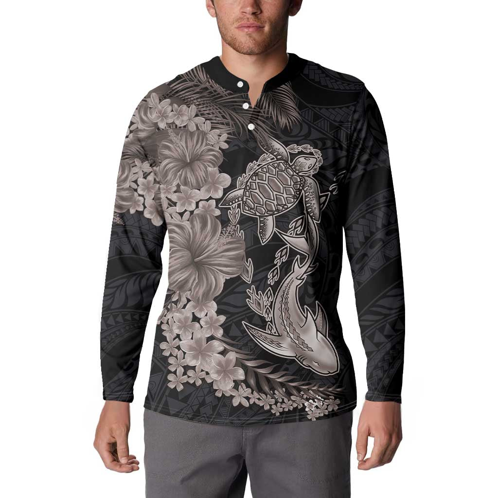 Hawaiian Tropical Plants Turtle and Shark Button Sweatshirt Polynesian Art Tattoo Grayscale Color