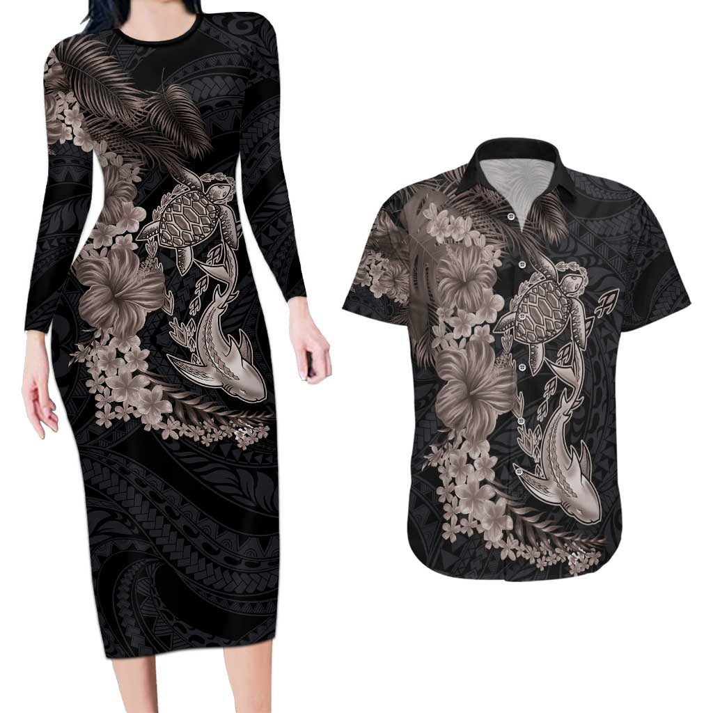 Hawaiian Tropical Plants Turtle and Shark Couples Matching Long Sleeve Bodycon Dress and Hawaiian Shirt Polynesian Art Tattoo Grayscale Color