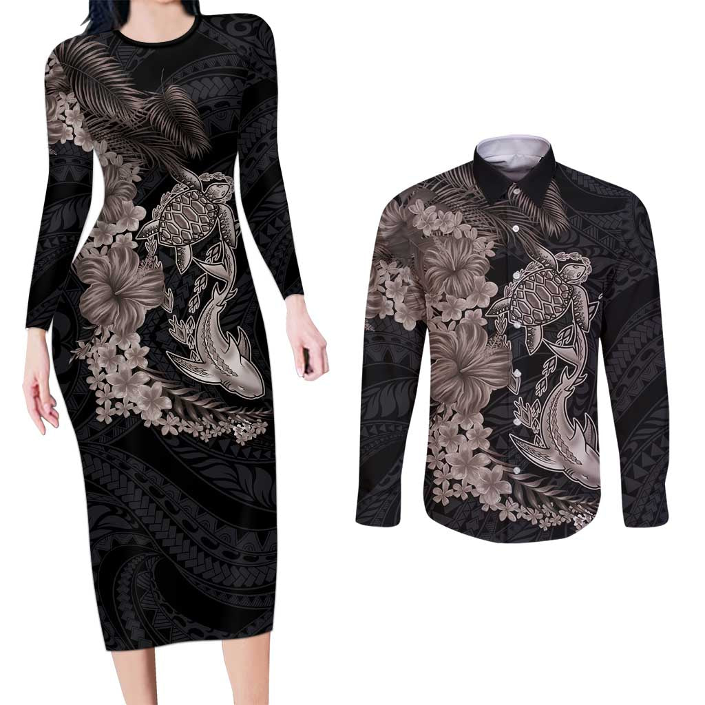 Hawaiian Tropical Plants Turtle and Shark Couples Matching Long Sleeve Bodycon Dress and Long Sleeve Button Shirt Polynesian Art Tattoo Grayscale Color