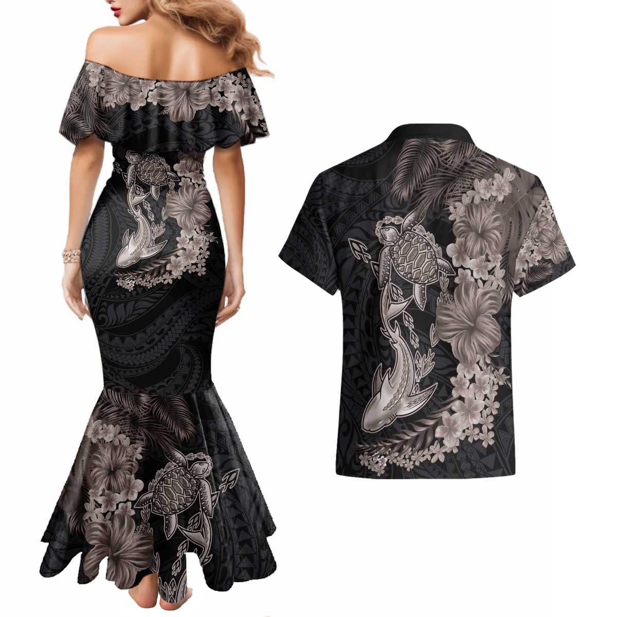 Hawaiian Tropical Plants Turtle and Shark Couples Matching Mermaid Dress and Hawaiian Shirt Polynesian Art Tattoo Grayscale Color