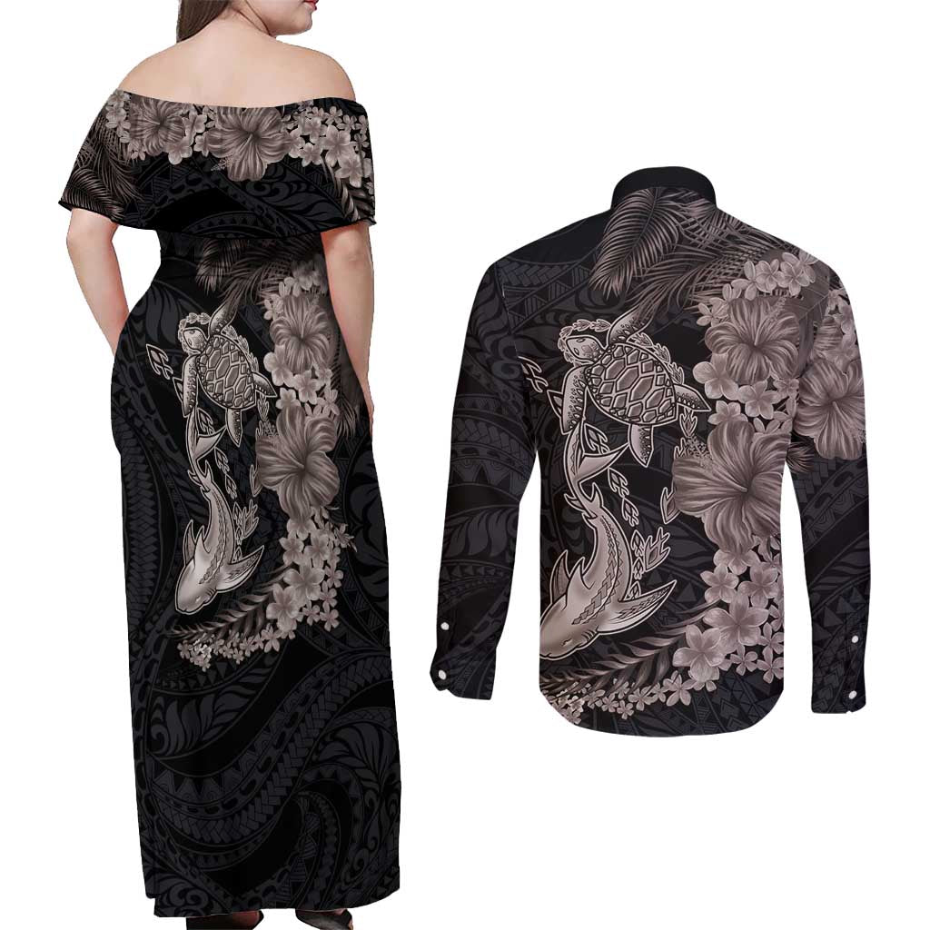 Hawaiian Tropical Plants Turtle and Shark Couples Matching Off Shoulder Maxi Dress and Long Sleeve Button Shirt Polynesian Art Tattoo Grayscale Color