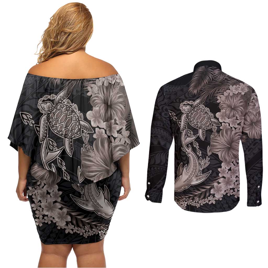 Hawaiian Tropical Plants Turtle and Shark Couples Matching Off Shoulder Short Dress and Long Sleeve Button Shirt Polynesian Art Tattoo Grayscale Color