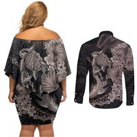Hawaiian Tropical Plants Turtle and Shark Couples Matching Off Shoulder Short Dress and Long Sleeve Button Shirt Polynesian Art Tattoo Grayscale Color