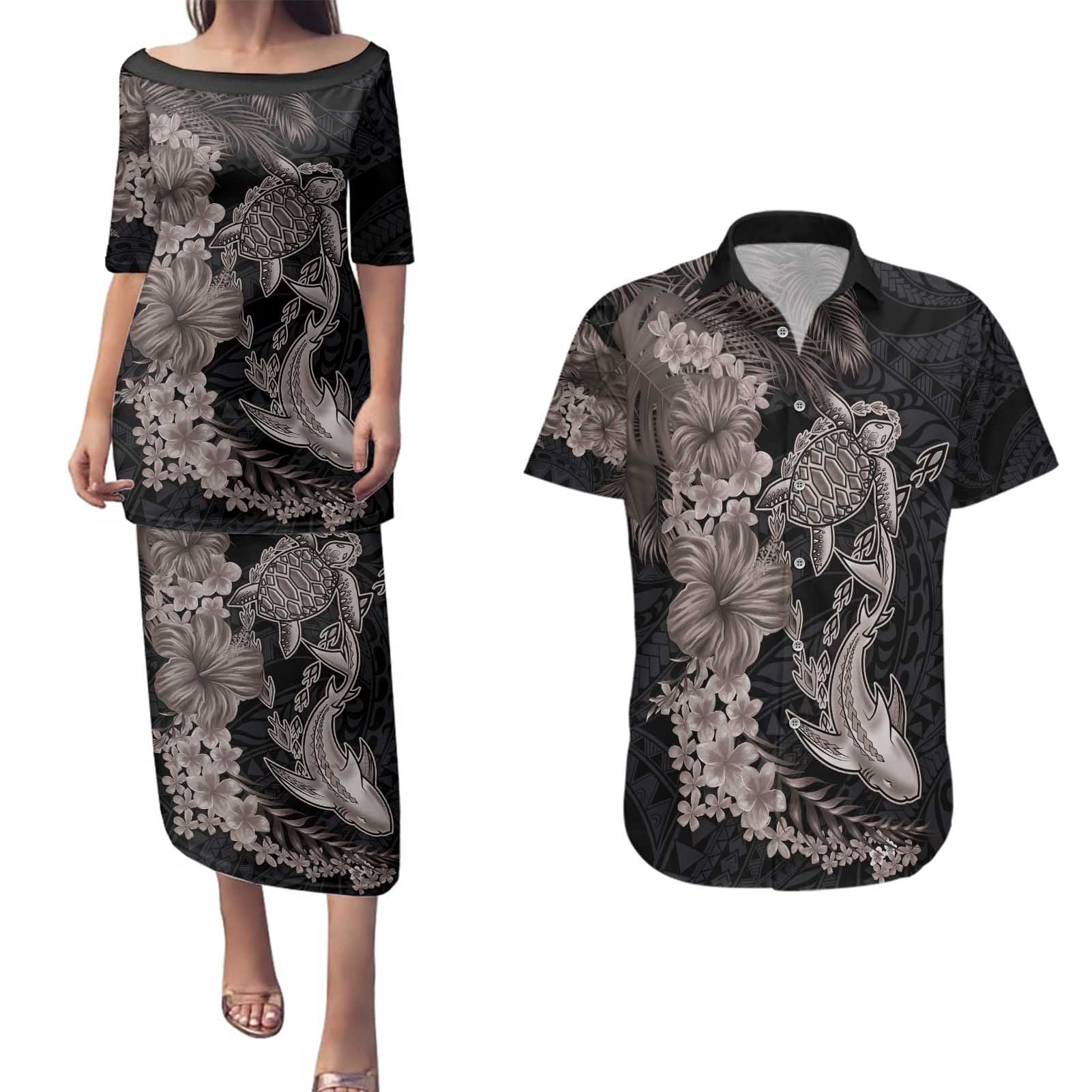 Hawaiian Tropical Plants Turtle and Shark Couples Matching Puletasi and Hawaiian Shirt Polynesian Art Tattoo Grayscale Color