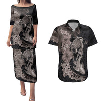 Hawaiian Tropical Plants Turtle and Shark Couples Matching Puletasi and Hawaiian Shirt Polynesian Art Tattoo Grayscale Color