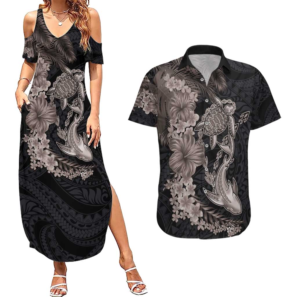 Hawaiian Tropical Plants Turtle and Shark Couples Matching Summer Maxi Dress and Hawaiian Shirt Polynesian Art Tattoo Grayscale Color