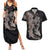 Hawaiian Tropical Plants Turtle and Shark Couples Matching Summer Maxi Dress and Hawaiian Shirt Polynesian Art Tattoo Grayscale Color