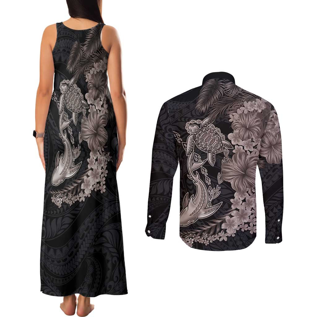 Hawaiian Tropical Plants Turtle and Shark Couples Matching Tank Maxi Dress and Long Sleeve Button Shirt Polynesian Art Tattoo Grayscale Color