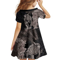 Hawaiian Tropical Plants Turtle and Shark Family Matching Long Sleeve Bodycon Dress and Hawaiian Shirt Polynesian Art Tattoo Grayscale Color