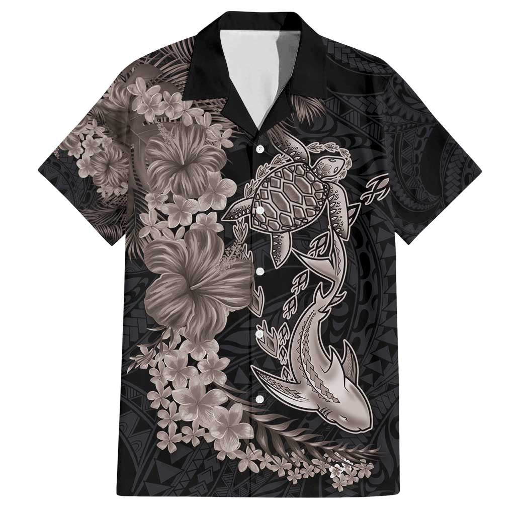 Hawaiian Tropical Plants Turtle and Shark Family Matching Long Sleeve Bodycon Dress and Hawaiian Shirt Polynesian Art Tattoo Grayscale Color