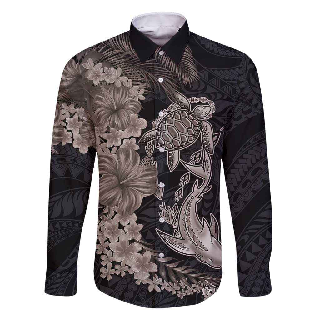 Hawaiian Tropical Plants Turtle and Shark Family Matching Long Sleeve Bodycon Dress and Hawaiian Shirt Polynesian Art Tattoo Grayscale Color