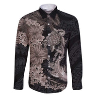 Hawaiian Tropical Plants Turtle and Shark Family Matching Long Sleeve Bodycon Dress and Hawaiian Shirt Polynesian Art Tattoo Grayscale Color